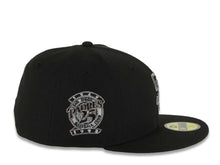Load image into Gallery viewer, San Diego Padres New Era MLB 59FIFTY 5950 Fitted Cap Hat Black Crown/Visor Metallic Dark Gray Logo 25th Anniversary Side Patch Gray UV