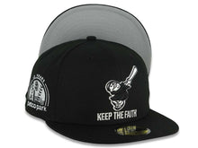 Load image into Gallery viewer, San Diego Padres New Era MLB 59FIFTY 5950 Fitted Cap Black Crown/Visor Black Swinging Friar Logo Keep The Faith Script 10 Years Petco Park Side Patch
