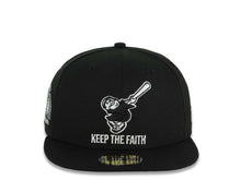 Load image into Gallery viewer, San Diego Padres New Era MLB 59FIFTY 5950 Fitted Cap Black Crown/Visor Black Swinging Friar Logo Keep The Faith Script 10 Years Petco Park Side Patch