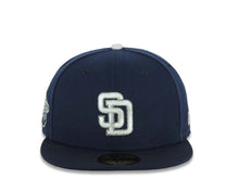 Load image into Gallery viewer, San Diego Padres New Era MLB 59FIFTY 5950 Fitted Cap Hat Navy Blue Crown/Visor Metallic White/Metallic Dark Gray Logo 1998 World Series Side Patch