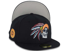 Load image into Gallery viewer, Mexico New Era 59FIFTY 5950 Fitted Cap Hat Navy Blue Crown/Visor Gray/Orange Skull Logo Aztec Calendar Side Patch Gray UV