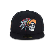 Load image into Gallery viewer, Mexico New Era 59FIFTY 5950 Fitted Cap Hat Navy Blue Crown/Visor Gray/Orange Skull Logo Aztec Calendar Side Patch Gray UV