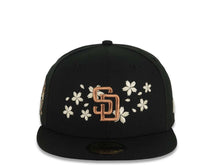 Load image into Gallery viewer, San Diego Padres New Era MLB 59FIFTY 5950 Fitted Cap Hat Black Crown/Visor Metallic Brown/Cream Logo With Cherry Blossoms 25th Anniversary Side Patch