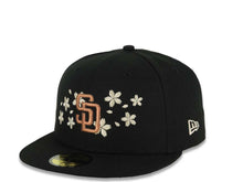 Load image into Gallery viewer, San Diego Padres New Era MLB 59FIFTY 5950 Fitted Cap Hat Black Crown/Visor Metallic Brown/Cream Logo With Cherry Blossoms 25th Anniversary Side Patch