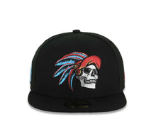Load image into Gallery viewer, Mexico New Era 59FIFTY 5950 Fitted Cap Hat Black Crown/Visor White/Metallic Red/Blue Skull Logo Aztec Calendar Side Patch Gray UV