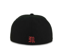 Load image into Gallery viewer, Mexico New Era 59FIFTY 5950 Fitted Cap Hat Black Crown/Visor White/Metallic Red/Blue Skull Logo Aztec Calendar Side Patch Gray UV
