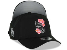 Load image into Gallery viewer, San Diego Padres New Era MLB 9FORTY 940 Adjustable A-Frame Cap Hat Black Crown/Visor Black/White/Pink Logo With Floral SD Logo Side Patch Gray UV