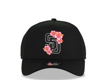 Load image into Gallery viewer, San Diego Padres New Era MLB 9FORTY 940 Adjustable A-Frame Cap Hat Black Crown/Visor Black/White/Pink Logo With Floral SD Logo Side Patch Gray UV