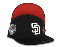 Load image into Gallery viewer, (Youth) San Diego Padres New Era MLB 9FIFTY 950 Snapback Cap Hat Black Crown/Visor White Logo With Rose 40th Anniversary Side Patch Red UV