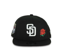 Load image into Gallery viewer, (Youth) San Diego Padres New Era MLB 9FIFTY 950 Snapback Cap Hat Black Crown/Visor White Logo With Rose 40th Anniversary Side Patch Red UV