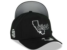 Load image into Gallery viewer, Oceanside California Map New Era 9FORTY 940 Adjustable A-Frame Cap Hat Black Crown/Visor Black/White Logo SD Logo Side Patch Gray UV