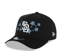 Load image into Gallery viewer, San Diego Padres New Era MLB 9FORTY 940 Adjustable A-Frame Cap Hat Black Crown/Visor White Logo With Sky Blue Cherry Blossoms Floral Side Patch