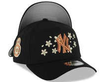 Load image into Gallery viewer, New York Yankees New Era MLB 9FORTY 940 Adjustable A-Frame Cap Hat Black Crown/Visor Metallic Brown Logo With Khaki Cherry Blossoms Floral Side Patch