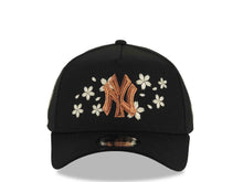 Load image into Gallery viewer, New York Yankees New Era MLB 9FORTY 940 Adjustable A-Frame Cap Hat Black Crown/Visor Metallic Brown Logo With Khaki Cherry Blossoms Floral Side Patch