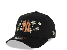 Load image into Gallery viewer, New York Yankees New Era MLB 9FORTY 940 Adjustable A-Frame Cap Hat Black Crown/Visor Metallic Brown Logo With Khaki Cherry Blossoms Floral Side Patch