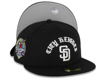 Load image into Gallery viewer, San Diego Padres New Era MLB 59FIFTY 5950 Fitted Cap Hat Black Crown/Visor White City Heights Script/Text Logo 40th Anniversary Side Patch Gray UV