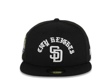 Load image into Gallery viewer, San Diego Padres New Era MLB 59FIFTY 5950 Fitted Cap Hat Black Crown/Visor White City Heights Script/Text Logo 40th Anniversary Side Patch Gray UV