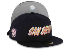 Load image into Gallery viewer, San Diego Padres New Era MLB 59FIFTY 5950 Fitted Cap Hat Navy Blue Crown/Visor White/Orange Script Logo SD City Connect Floral Logo Side Patch Gray UV