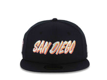 Load image into Gallery viewer, San Diego Padres New Era MLB 59FIFTY 5950 Fitted Cap Hat Navy Blue Crown/Visor White/Orange Script Logo SD City Connect Floral Logo Side Patch Gray UV