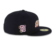Load image into Gallery viewer, San Diego Padres New Era MLB 59FIFTY 5950 Fitted Cap Hat Navy Blue Crown/Visor White/Orange Script Logo SD City Connect Floral Logo Side Patch Gray UV