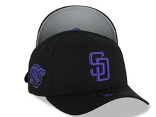 Load image into Gallery viewer, San Diego Padres New Era MLB 9FORTY 940 Adjustable A-Frame Cap Hat Black Crown/Visor Purple Logo 1998 World Series Side Patch Gray UV