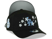 Load image into Gallery viewer, Los Angeles Dodgers New Era MLB 9FORTY 940 Adjustable A-Frame Cap Hat Black Crown/Visor Sky Blue Logo With White Cherry Blossoms Floral Side Patch