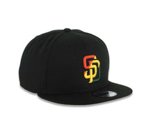 Load image into Gallery viewer, (Rasta Color) San Diego Padres New Era MLB 9FIFTY 950 Snapback Cap Hat Black Crown/Visor Red/Yellow/Green Diagonal Logo Gray UV