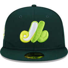 Load image into Gallery viewer, Montreal Expos New Era MLB 59FIFTY 5950 Fitted Cap Hat Dark Green Crown/Visor Light Green/White Logo 40th Anniversary Side Patch