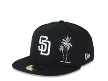 Load image into Gallery viewer, San Diego Padres New Era MLB 59FIFTY 5950 Fitted Cap Hat Black Crown/Visor White Logo With Palm Trees Heart Back Logo 25th Anniversary Side Patch