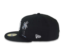 Load image into Gallery viewer, San Diego Padres New Era MLB 59FIFTY 5950 Fitted Cap Hat Black Crown/Visor White Logo With Palm Trees Heart Back Logo 25th Anniversary Side Patch