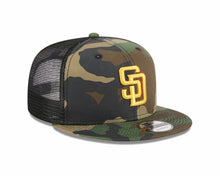 Load image into Gallery viewer, San Diego Padres New Era MLB 9FIFTY 950 Trucker Mesh Snapback Cap Hat Camo/Black Crown/Visor Yellow Logo