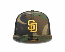 Load image into Gallery viewer, San Diego Padres New Era MLB 9FIFTY 950 Trucker Mesh Snapback Cap Hat Camo/Black Crown/Visor Yellow Logo