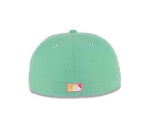 Load image into Gallery viewer, (City Connect Colors) San Diego Padres New Era MLB 59FIFTY 5950 Fitted Cap Hat Light Teal Crown/Visor Magenta/Yellow Swinging Friar Logo Stadium Side Patch