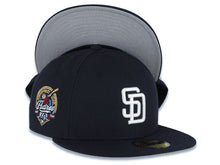 Load image into Gallery viewer, San Diego Padres New Era MLB 59FIFTY 5950 Fitted Cap Hat Navy Blue Crown/Visor White Logo 40th Anniversary Side Patch Gray UV