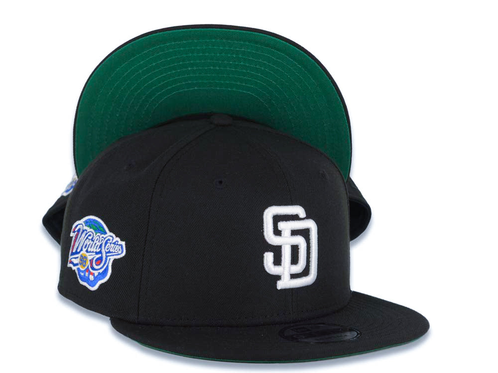 San Diego Padres New Era MLB 9FIFTY 950 Snapback Cap Hat Black Crown/Visor  White Logo 1998 World Series Side Patch Green UV