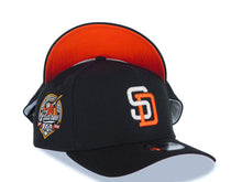 Load image into Gallery viewer, San Diego Padres New Era MLB 9FORTY 940 Adjustable A-Frame Cap Hat Black Crown/Visor White/Orange Logo 40th Anniversary Side Patch Orange UV