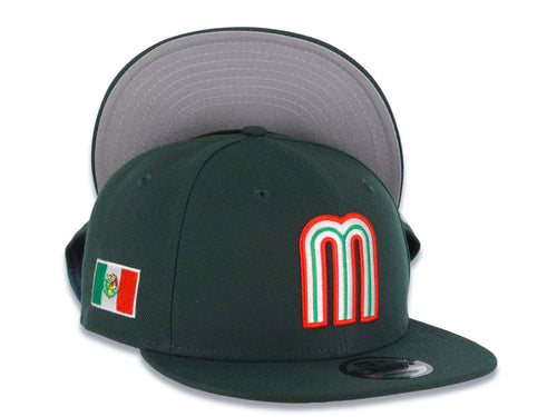 Mexico New Era 9FIFTY 950 Snapback Cap Hat Dark Green Crown/Visor Red/White/Green Logo Mexico Flag Side Patch Gray UV