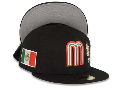 Mexico New Era WBC 59FIFTY 5950 Fitted Cap Hat Black Crown/Visor Red/White/Green Logo With Flower Mexico Flag Side Patch Gray UV
