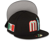 Load image into Gallery viewer, Mexico New Era WBC 59FIFTY 5950 Fitted Cap Hat Black Crown/Visor Team Color Logo With Statue Liberty Mexico Flag Side Patch Gray UV