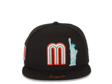 Load image into Gallery viewer, Mexico New Era WBC 59FIFTY 5950 Fitted Cap Hat Black Crown/Visor Team Color Logo With Statue Liberty Mexico Flag Side Patch Gray UV