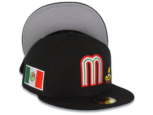 Mexico New Era WBC 59FIFTY 5950 Fitted Cap Hat Black Crown/Visor Team Color Logo With Sombrero Mexico Flag Side Patch Gray UV