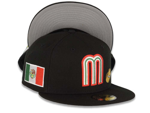 Mexico New Era WBC 59FIFTY 5950 Fitted Cap Hat Black Crown/Visor Red/White/Green Logo With Sombrero Hat Mexico Flag Side Patch Gray UV