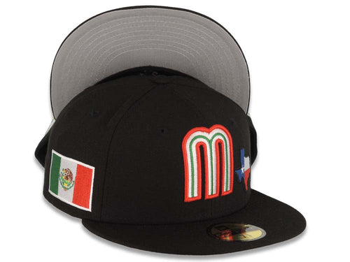 Mexico New Era WBC 59FIFTY 5950 Fitted Cap Hat Black Crown/Visor Team Color Logo With Texas State Map Mexico Flag Side Patch Gray UV
