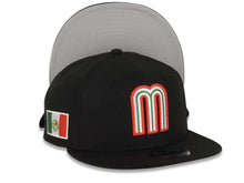 Load image into Gallery viewer, Mexico New Era WBC 9FIFTY 950 Snapback Cap Hat Black Crown/Visor Team Color Logo Mexico Flag Side Patch Gray UV