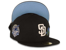 Load image into Gallery viewer, San Diego Padres New Era MLB 59FIFTY 5950 Fitted Cap Hat Black Crown/Visor White Logo With Rose 40th Anniversary Side Patch Sky Blue UV