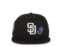 Load image into Gallery viewer, San Diego Padres New Era MLB 59FIFTY 5950 Fitted Cap Hat Black Crown/Visor White Logo With Rose 40th Anniversary Side Patch Sky Blue UV