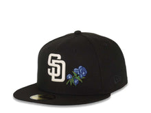 Load image into Gallery viewer, San Diego Padres New Era MLB 59FIFTY 5950 Fitted Cap Hat Black Crown/Visor White Logo With Rose 40th Anniversary Side Patch Sky Blue UV