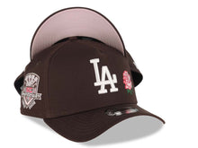 Load image into Gallery viewer, Los Angeles Dodgers New Era MLB 9FORTY 940 Adjustable A-Frame Cap Hat Dark Brown Crown/Visor White Logo With Rose 50th Anniversary Side Patch Pink UV