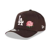 Load image into Gallery viewer, Los Angeles Dodgers New Era MLB 9FORTY 940 Adjustable A-Frame Cap Hat Dark Brown Crown/Visor White Logo With Rose 50th Anniversary Side Patch Pink UV