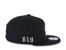 Load image into Gallery viewer, San Diego Padres New Era MLB 9FIFTY 950 Snapback Cap Hat Black Crown/Visor White Script P Logo with 619 Side Patch Gray UV
